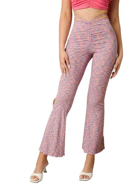 

space dye lettuce trim ruched tie back pants x8oq#, Black;white