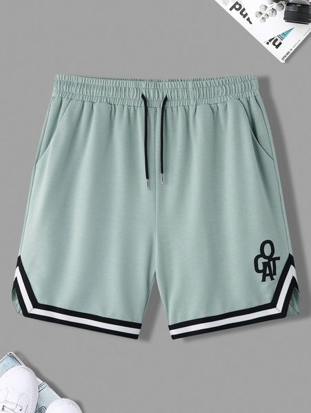 

men random letter graphic striped trim drawstring waist shorts h3nb#, White;black