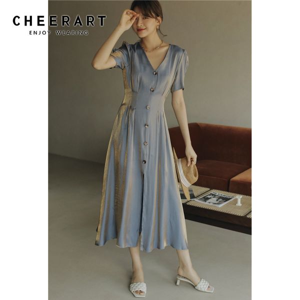 

cheerart reflective puff sleeve long midi dress women v neck tunic asymmetrical button short sleeve flowy ladies summer dress 220429, Black;gray