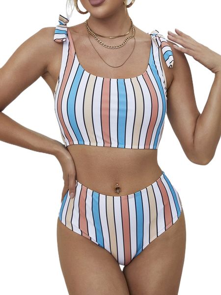 

striped knot shoulder high waisted bikini swimsuit m8nm#, White;black