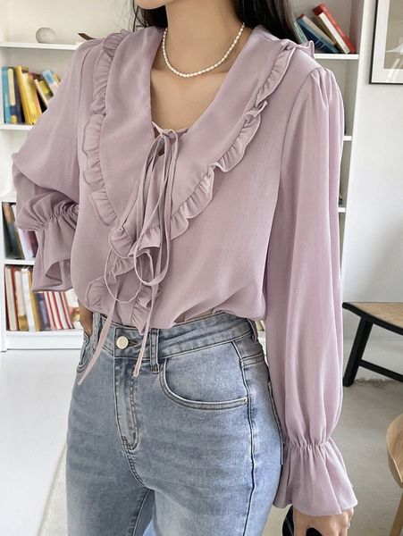 

dazy frill trim knot front flounce sleeve blouse g8lp#, White