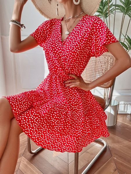 

ditsy floral flutter sleeve overlap collar ruffle hem dress 55ra#, Black;gray