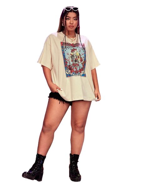 

plus skeleton & floral print drop shoulder tee s81i#, Black