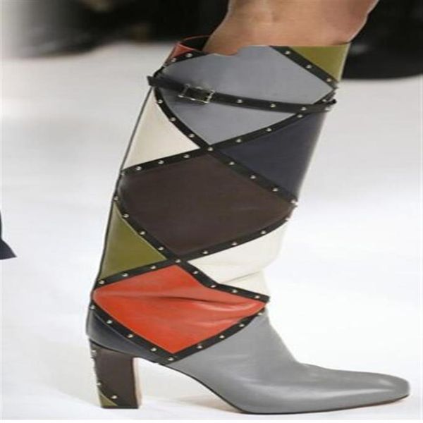 

2019 spring new women multi color boots block heel knee high boots women mix color boots ladies party shoes beading mujer botas295w, Black