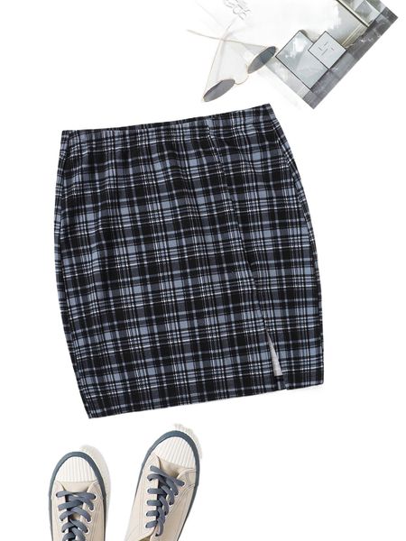 

split hem plaid skirt w8ae#, Black