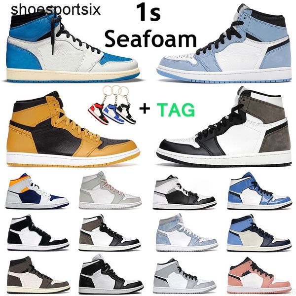 

jumpman men women basketball shoes 1s high og 1 hyper royal university blue dark mocha seafoam pollen mens trainer sports sneakers air jorda, Black