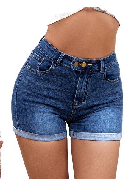 

buttoned waist cuffed denim shorts j6hd#, White;black