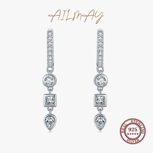 

hoop huggie ailmay real 925 sterling silver fashion geometric combination clear cz hoop earrings for women wedding engagement fine jewelry 2, Golden;silver