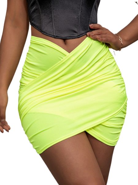 

solid wrap ruched bodycon skirt k5rf#, Black