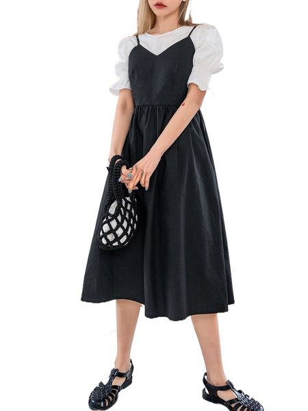 

dazy solid puff sleeve blouse & cami dress 38fs#, White