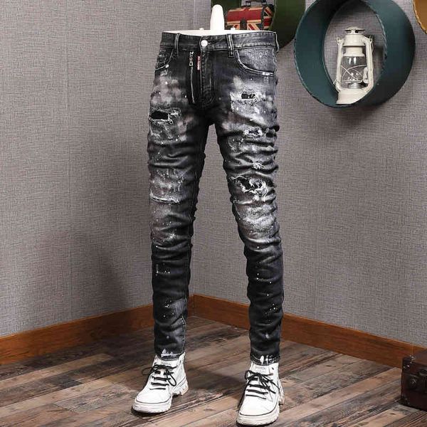 

men's jeans youth trend high-end holes paint points slim fitting feet double row zipper black denim men's fashion pants jvlu, Blue