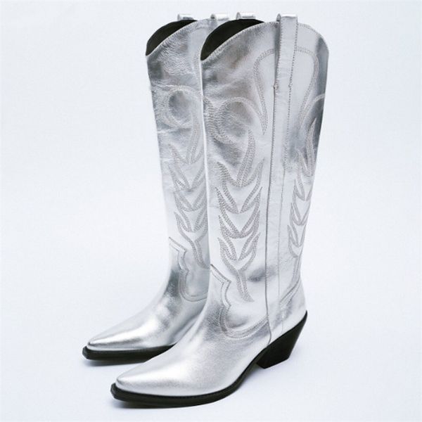 

cowboy cowgirl western metallic silver stacked heeled mid calf long boots casual embroidered autumn winter shoes 220720, Black