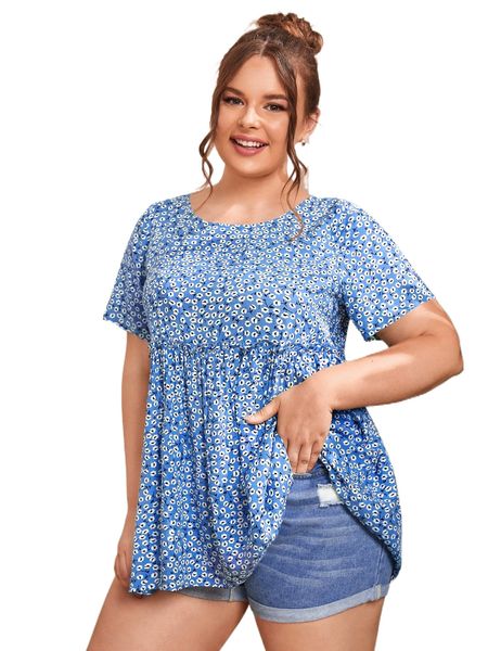 

plus ditsy floral frill trim blouse e5ec#, Black