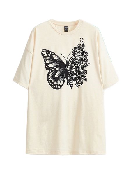 

x aj floral & butterfly print drop shoulder tee o6v3#, White