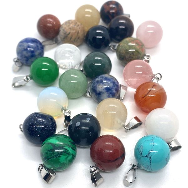 

14mm natural crystal stones charms round tiger eye black onyx rose quartz stone ball charm beads pendants for jewelry making, Bronze;silver