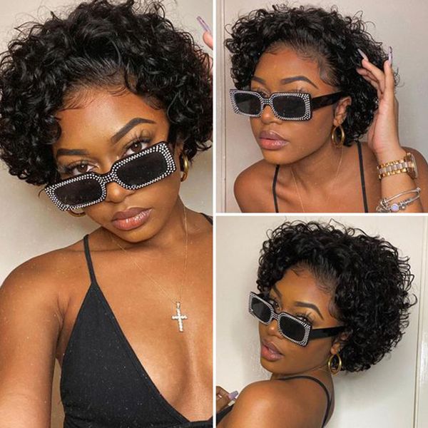 

lx brand pixie cut wig human hair wigs for women human hair curly human hair wig natural short wigs 13x6x1 lace front wigfac, Black