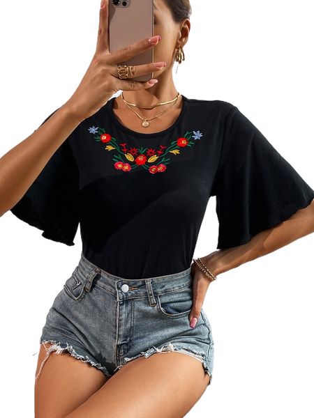 

floral embroidery butterfly sleeve tee 27qj#, White