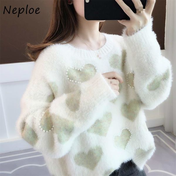 

neploe fashion chic long sleeve round neck pullover women autumn loose knit women casual loose love heart sweater 201204, White;black