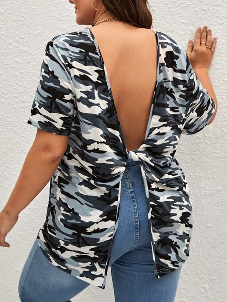 

plus twist open back camo tee a172#, Black