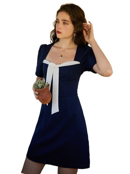 

cut out back knot front puff sleeve dress 97fp#, Black;gray