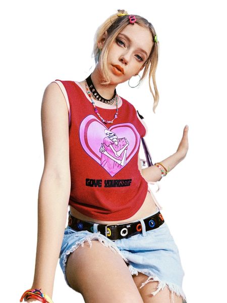 

romwe x pomoi street life skeleton print ringer drawstring tank b7oz#, White