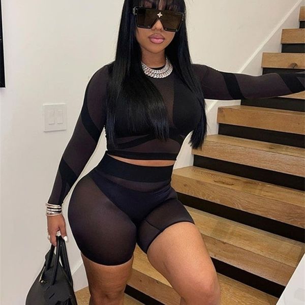 

kliou mesh two piece set women see through striped midnight style long sleeve heath slim high waist clubwear outfits 220512, White