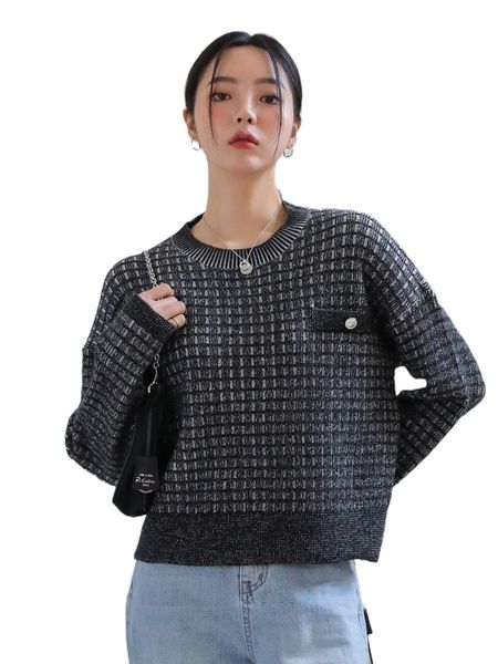 

dazy plaid pattern drop shoulder decor pocket sweater y8ny#, White;black