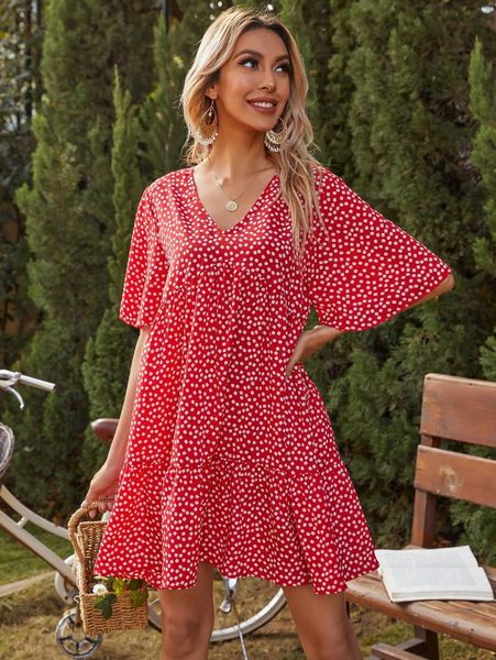 

ditsy floral flutter sleeve ruffle hem smock dress 77oc#, Black;gray