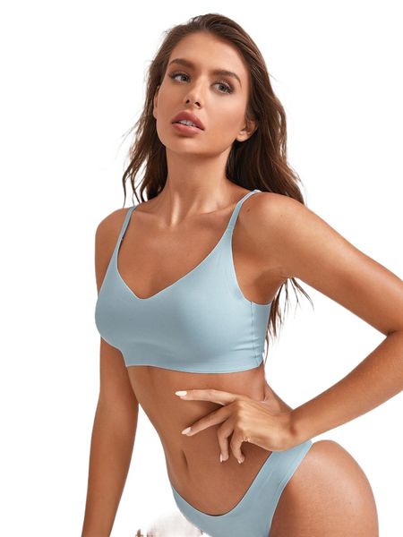 

microfiber solid v neck no show bralette i9k8#, Black;red