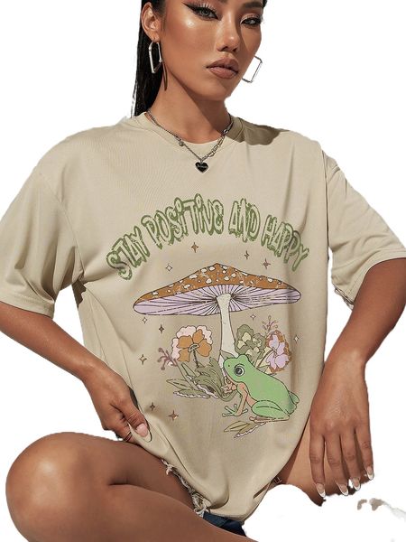 

mushroom and slogan graphic drop shoulder tee 16fm#, White