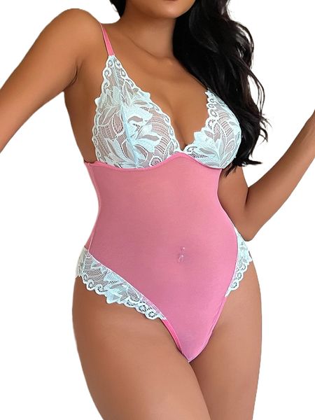 

contrast lace mesh teddy bodysuit f0hr#, Black;red