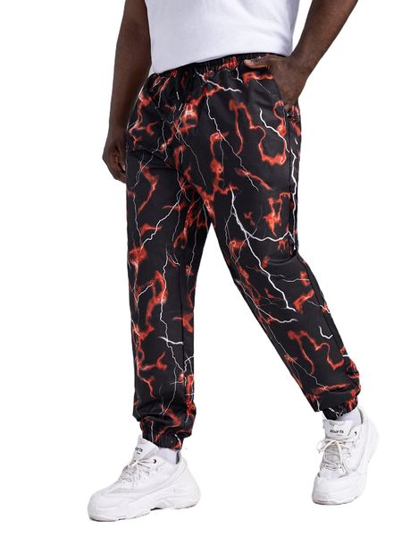 

extended sizes men drawstring waist graphic print tapered pants z3wj#, Black