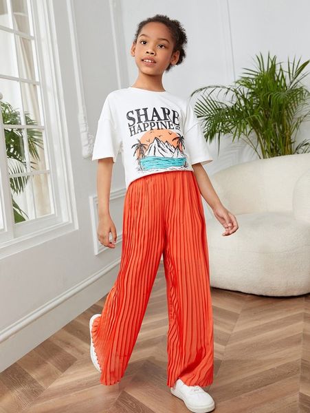 

girls tropical & letter graphic tee & pleated pants she, White
