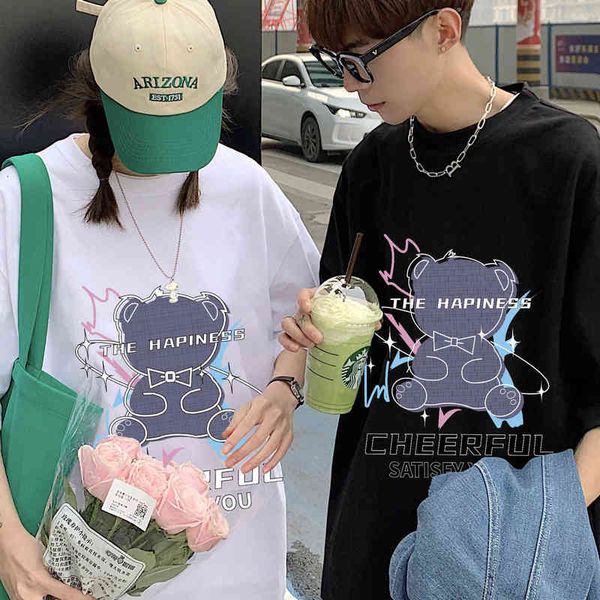 

designer men's t-shirt 200g cotton couple summer cartoon bear short t-shirt men's large half sleeve style, White;black