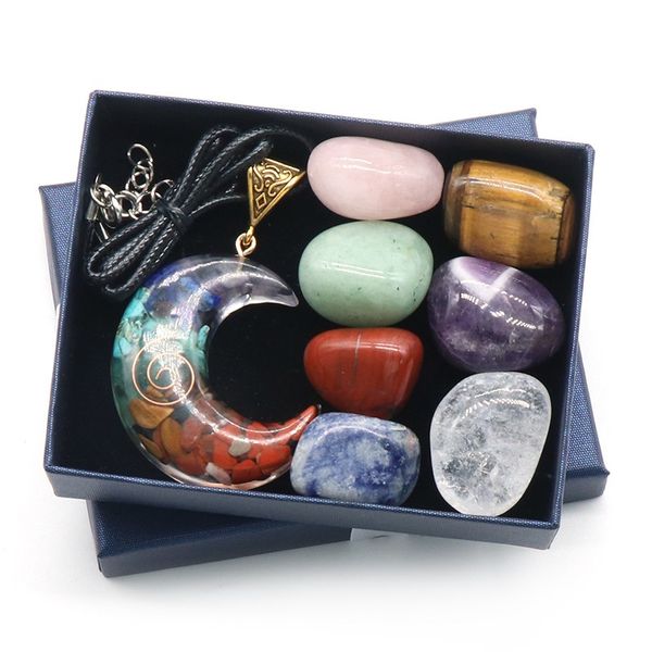 

7 chakra set reiki natural stone crystal ornaments moon pentagram irregular rock quartz yoga energy bead chakra healing art craft home decor, Black