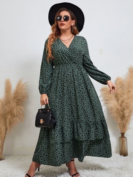 

plus dalmatian print lantern sleeve layered ruffle hem dress e8vu#, Black