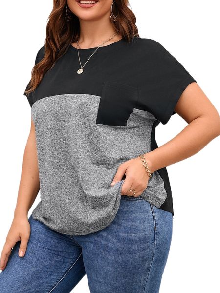 

plus patched pocket two tone batwing sleeve tee s9uf#, Black