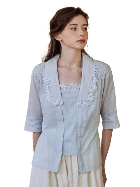 

simple retro lace trim open front blouse with camisole o3ju#, White
