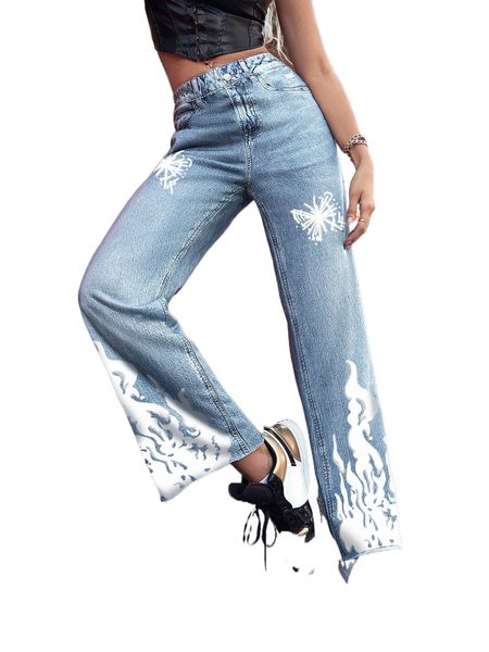 

butterfly & fire print chambray pants v6zm#, Black;white