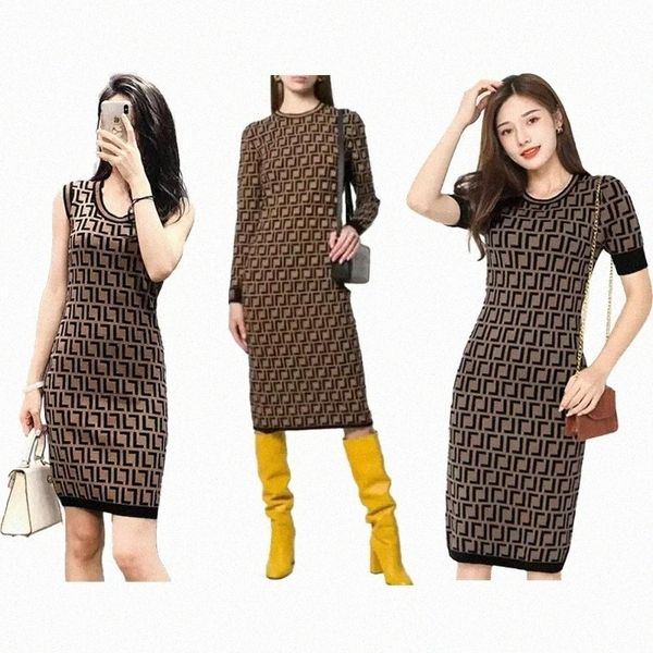 

designer fendi women casual knitted dresses classic vintage knit dress fashion letter womens pattern long sleeve clothing autumn knits, Black;gray