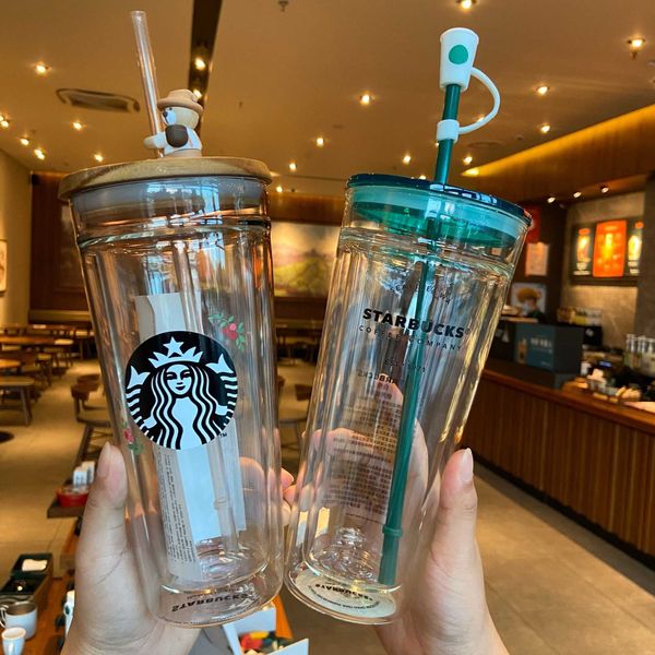 

starbucks cup coffee farmer bear mason straw water cup classic wooden cover double glass cup large capacity