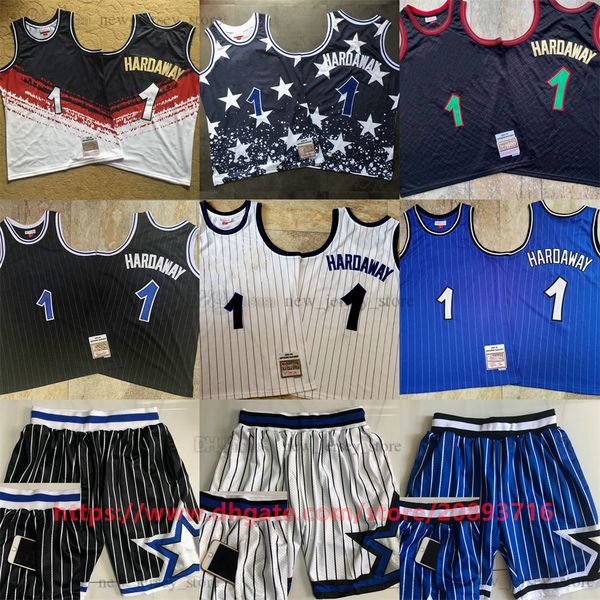 

mitchell and ness authentic embroidery basketball penny 1 hardaway jerseys retro stripe 1993-94 1994-95 real stitched breathable sport all-s, Black;red