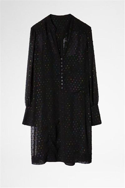 Vestidos casuais Mulher vestido preto vestido colorido com miçangas bordadas de mangas compridas de mangas compridas Autumn Winter curto 2022