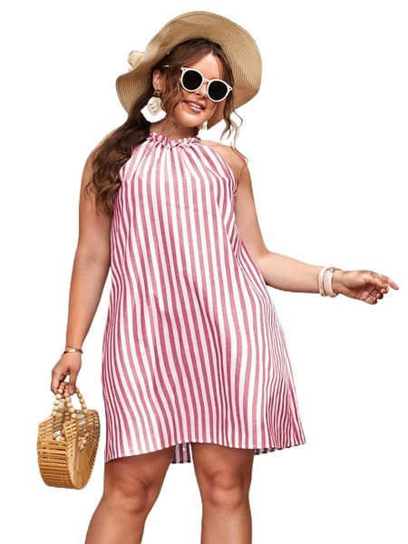 

plus striped keyhole back frill dress s19e#, Black