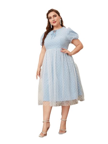 

plus floral embroidery tie neck mesh dress s1ul#, Black