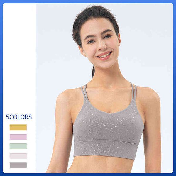 

lulu bras brand yoga sports underwear women's silver sprinkling double thin shoulder straps cross beautiful vest back shockproof fitnes, Red;black