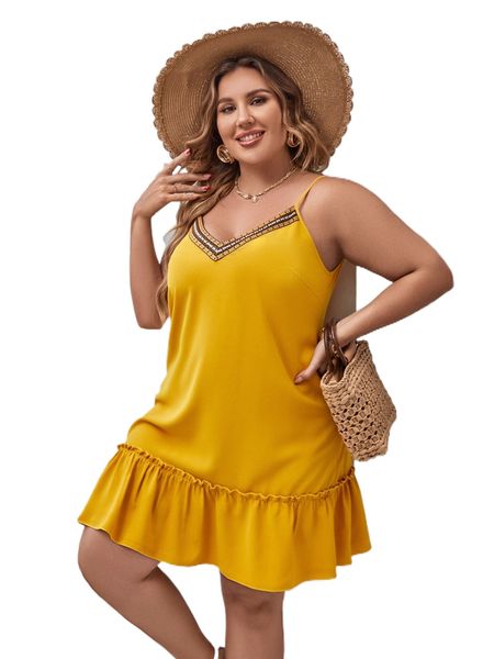 

plus contrast tape ruffle hem cami dress i6ap#, Black