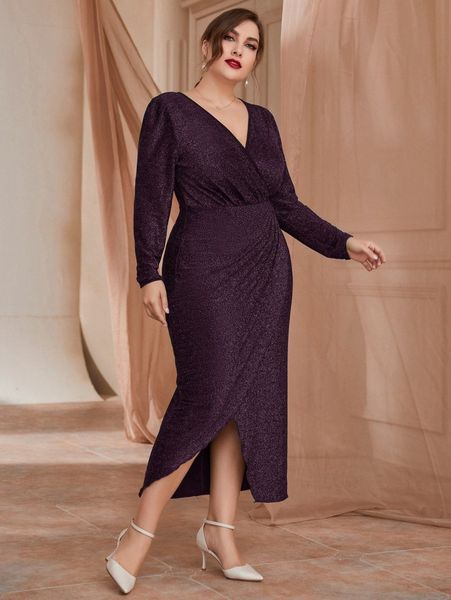 

plus surplice neck wrap glitter fitted dress w1ip#, Black