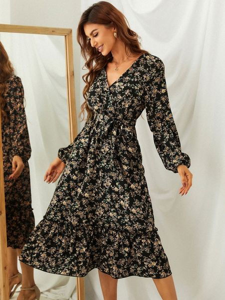 

allover floral print lantern sleeve ruffle hem dress x1my#, Black;gray