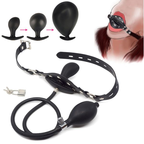 Flüssiger Silikon aufblasbarer Penis Knebel offener Mundstopfen riesige Dildopumpe SM Bondage Pu Band Slave orale sexy gefüllte Frauen Spielzeug Spielzeug